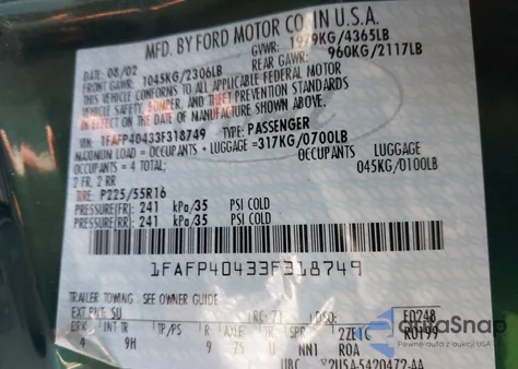 2003 Ford Mustang from USA, damaged, VIN 1FAFP40433F318749